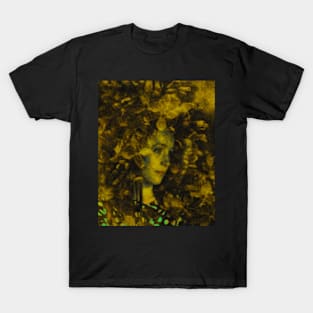 Beautiful girl, near the flowers. Calm, gold colors. Reminds autumn and evening. Beautiful. T-Shirt